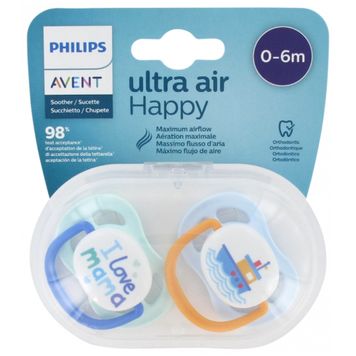 Ultra Air Happy 2 Sucettes Orthodontiques 0-6 Mois I Love Mama Bleu Avent